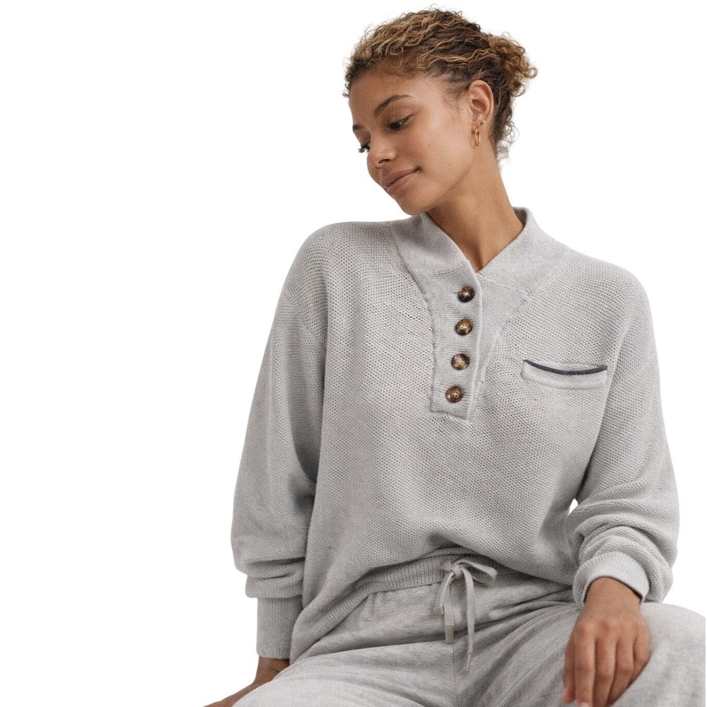 LUNYA Cozy Cotton Silk Pocket Henley Grey Lounge Top Size M